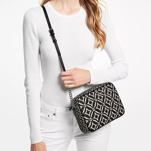 Michael Kors Rare NWT LOGO Jet Set Lg EW Crossbody Black & Cream Authentic - Picture 1 of 3